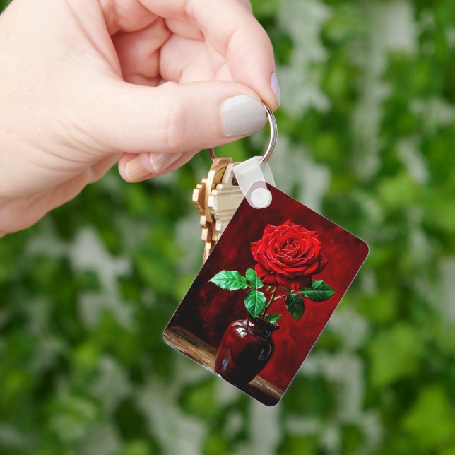 Chaveiro Pintura de Flor de Rosa Vermelha (Mão)