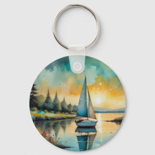 Chaveiro pintura de veleiro ao pôr do sol