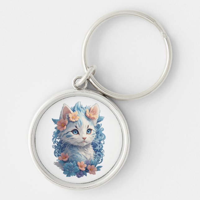 Chaveiro Pintura em aquarela de gato fofo com respingos flo (Frente)