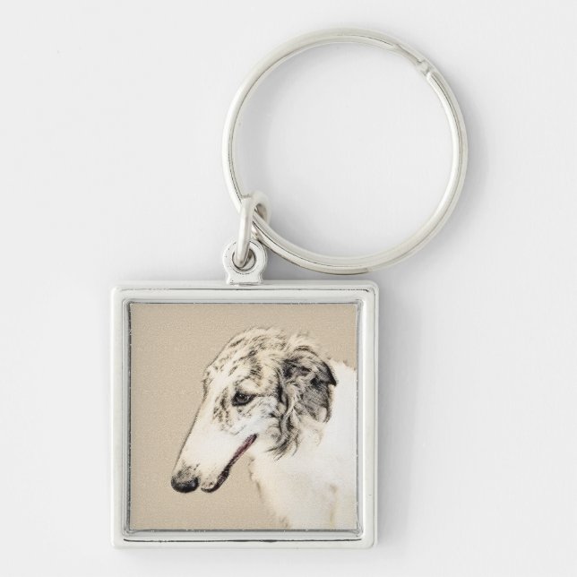 Chaveiro Pintura Original de Cachorro Borzoi (Silver Brindl (Frente)