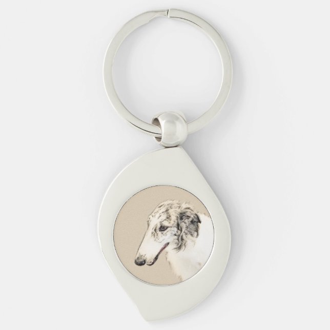 Chaveiro Pintura Original de Cachorro Borzoi (Silver Brindl (Frente)