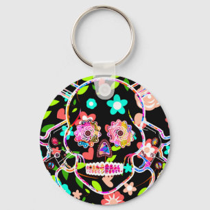 Chaveiro Placa de licença de crânio floral colorido