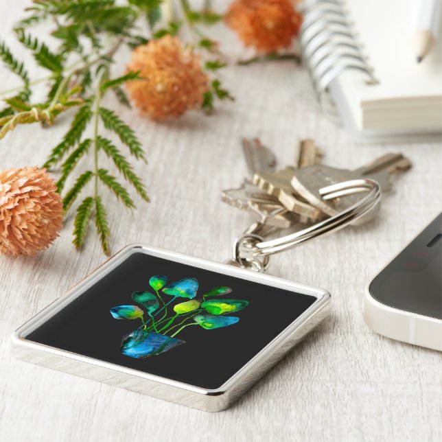 Chaveiro Plantas aquáticas de arte verde e abstrato azul (Lateral)