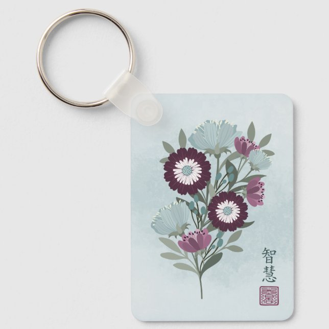 Chaveiro Plum gerbera daisy blue floral buquê asiático (Frente)