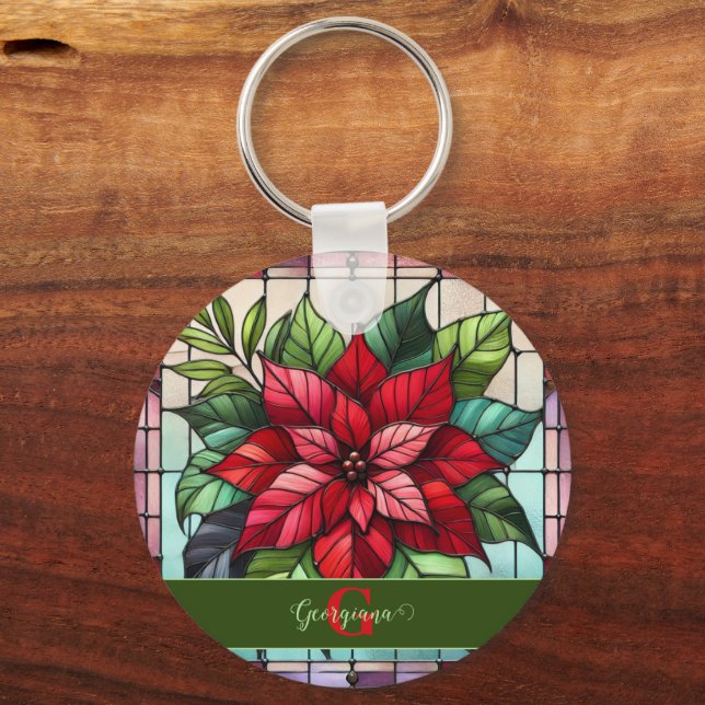 Chaveiro Poinsettia De Vidro Festivo Personalizado (Frente)
