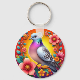 Chaveiro Pombo Colorido Rodeado por Flores Vibrantes