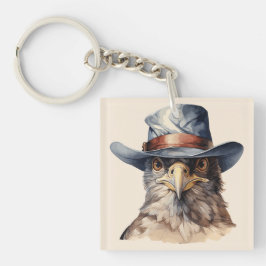 Chaveiro Pombo engraçado usando chapéu de cowboy, aquarela