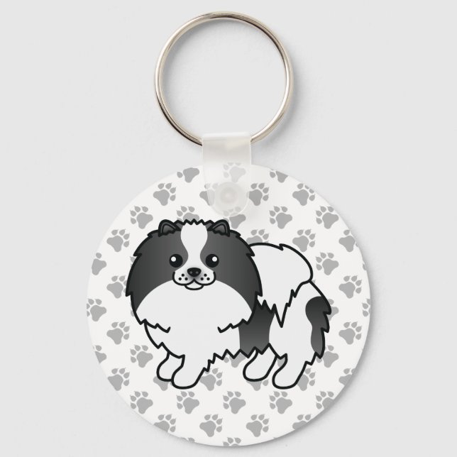 Chaveiro Pomerânia Preto e Branco de Desenho Animado & Pata (Frente)