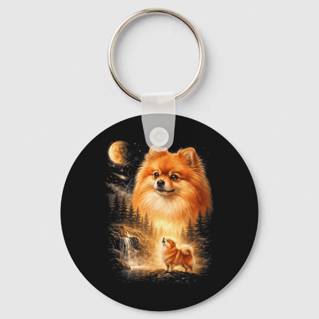 Chaveiro Pomerânia Uivando para a Lua Vintage Místico (Frente)