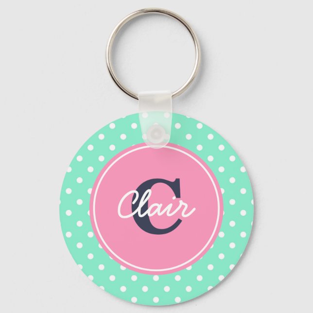 Chaveiro Pontos mint e rosa, inicial e nome (Frente)