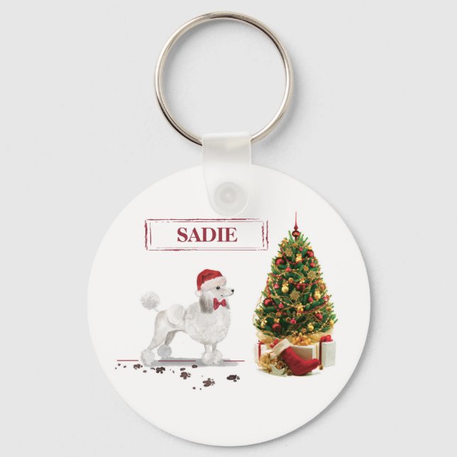 Chaveiro Poodle Branco Cachorro de Natal Engraçado com Árvo (Frente)