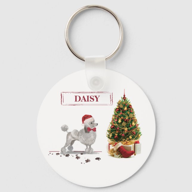 Chaveiro Poodle Cinza Cachorro Natal Divertido com Árvore (Frente)