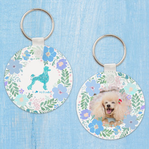 Chaveiro Poodle Floral Personalizado Azul Pastel com Nome e