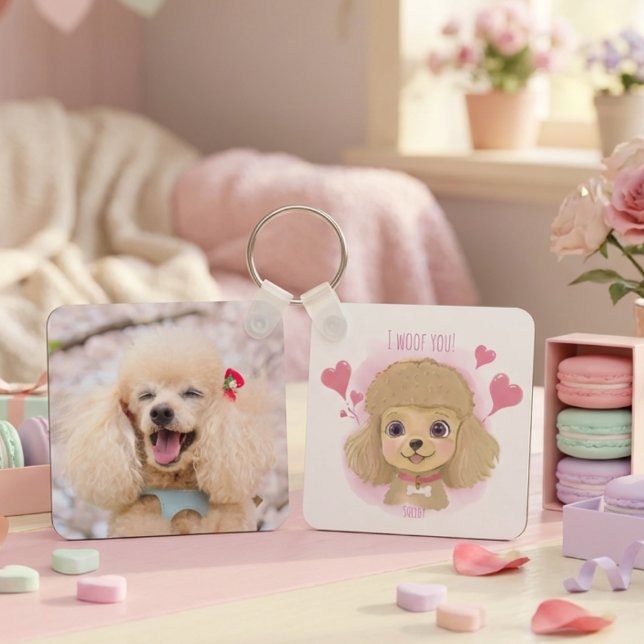 Chaveiro Poodle Valentine Keychain with Custom Name & Photo (Criador carregado)