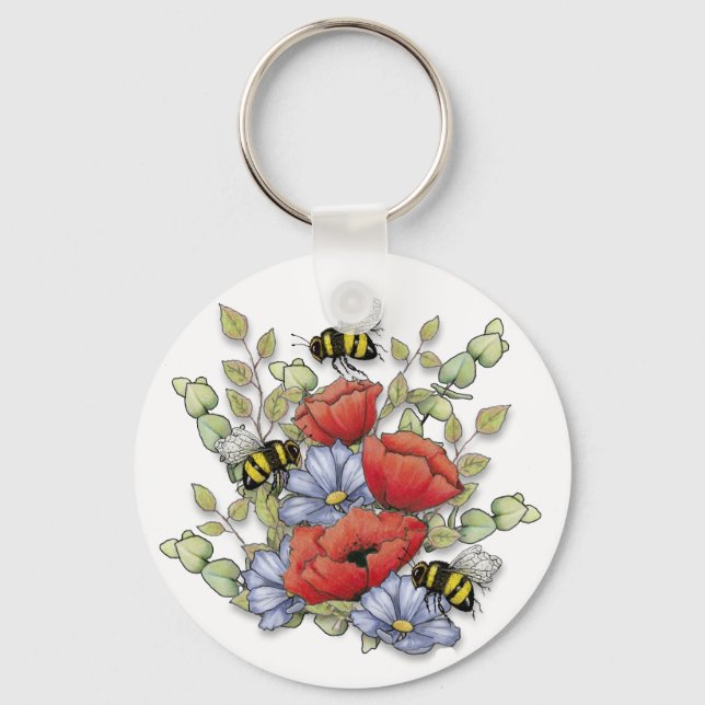Chaveiro Poppy Flowers and Bees Digital Drawing, Botanical  (Frente)