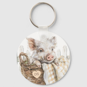 Chaveiro Porco Fofo em Cesto Monograma Personalizado