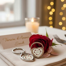 Porte-clés en métal crème avec cœur rose et rouge