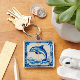 Chaveiro Portugal Azulejo Golfinho Estilo de Azulejo Porta-