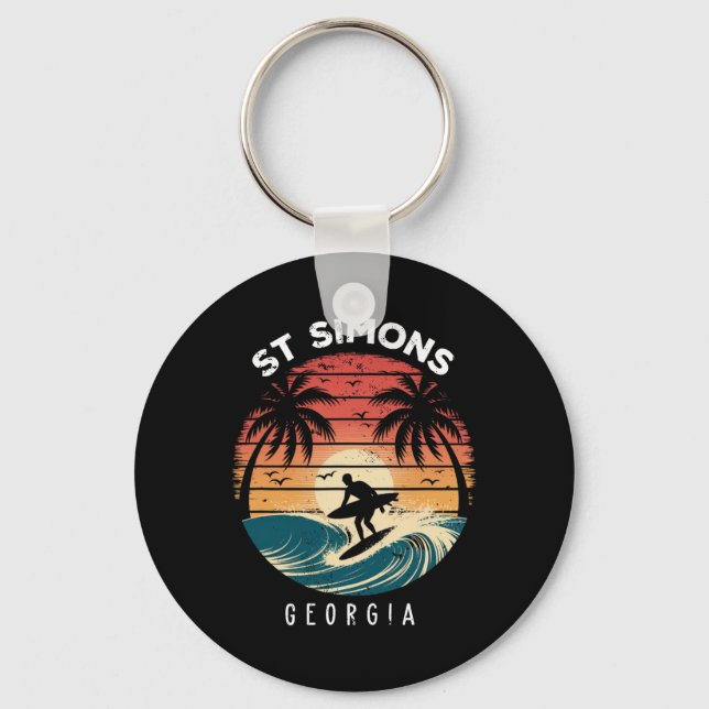 Chaveiro Praia St Simons Geórgia Ondas de Prancha de Surf P (Frente)
