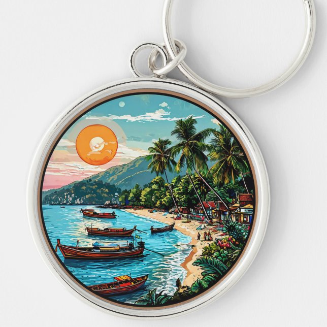 Chaveiro Praia Tropical com Barcos e Palmeiras (Frente)