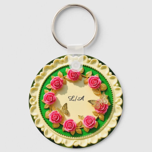 Chaveiro Prato Decorativo com Borda Verde e Rosa Pink (Frente)