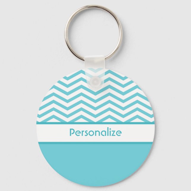Chaveiro Preppy Aqua Blue e White Chevrons com nome (Frente)