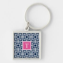 Chaveiro Preppy Square Lattice Monogram - Navy & Hot Pink