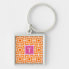 Chaveiro Preppy Square Lattice Monogram Orange & Hot Pink