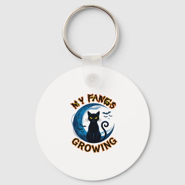 Chaveiro Presas Crescentes Gato Preto de Halloween Lua Azul (Frente)