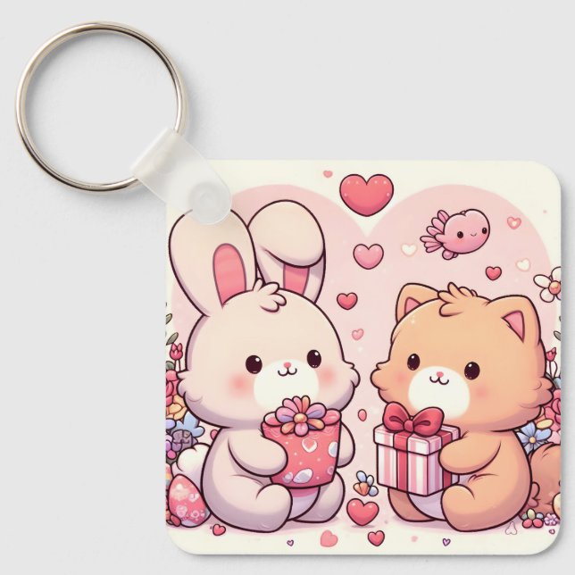 Chaveiro Presente de Amor de Urso de Coelhinho Kawaii Fofo  (Frente)