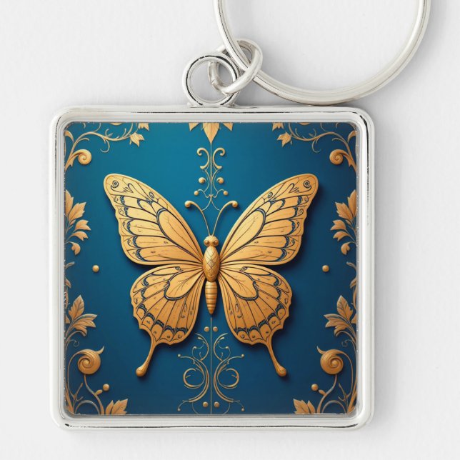 Chaveiro Presente de Arte de Borboleta Dourada Ornamentada  (Frente)