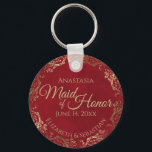 Chaveiro Presente de Casamento de madrinha de casamento Ele<br><div class="desc">Estas chaveiros são projetadas para oferecer como favores à Madrinha de casamento na sua festa de casamento. Eles apresentam um design simples, mas elegante, com um fundo cor vermelha, fundo cor-de-rosa, um texto dourado, e uma borda floral de folha fina de ouro antiga. O texto diz "Madrinha de casamento" com...</div>