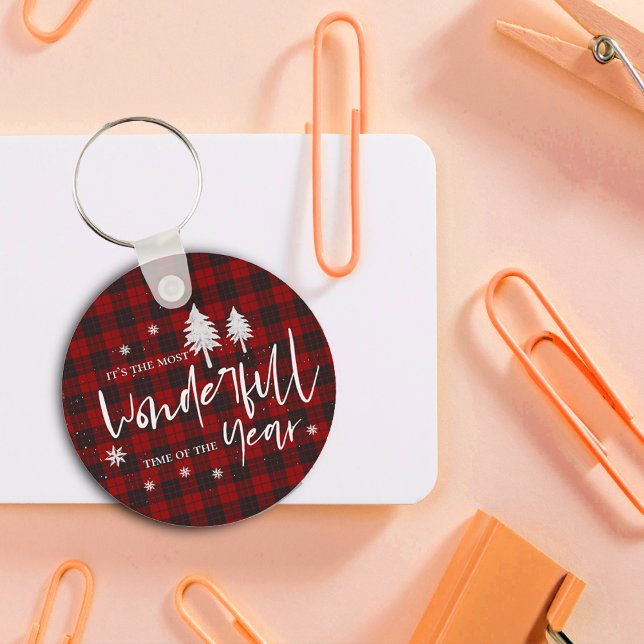 Chaveiro Presente De Natal Da Xadrez Vermelha Maravilhosa (Red Plaid Wonderful Time Of Year Christmas Gift Keychain)