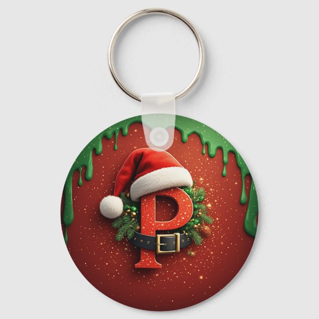 Chaveiro Presente de Natal Monograma P com chapéu de Papai  (Frente)