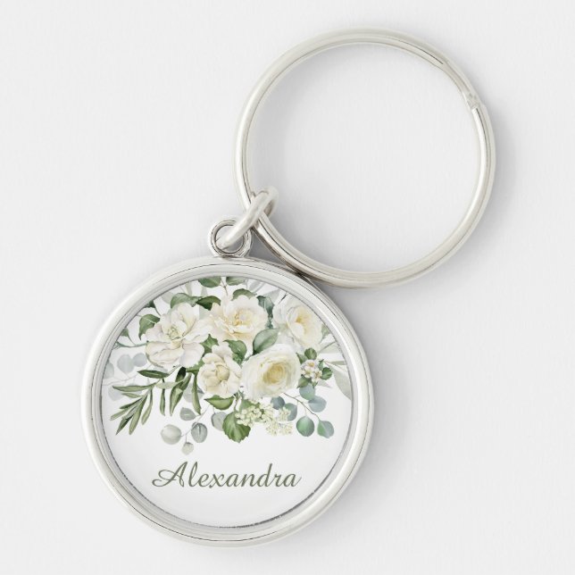 Chaveiro Presente Personalizado de Noiva com Floral Branco (Frente)