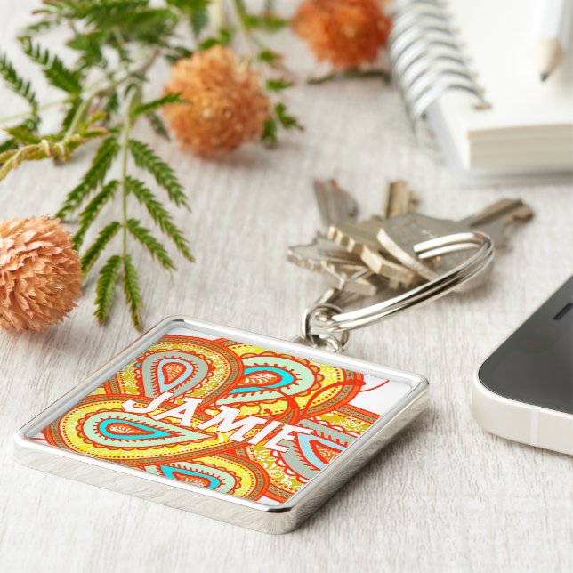 Chaveiro Presentes de Mint Paisley Laranja Amarelo Moderno (Lateral)