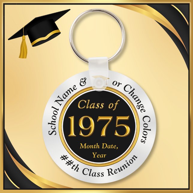 Chaveiro Preto, Dourado, Branco, Classe de Ideias de Reuniã (Class of 1975 Reunion, party favors, souvenirs and inexpensive class reunion gifts. Black and Gold.)