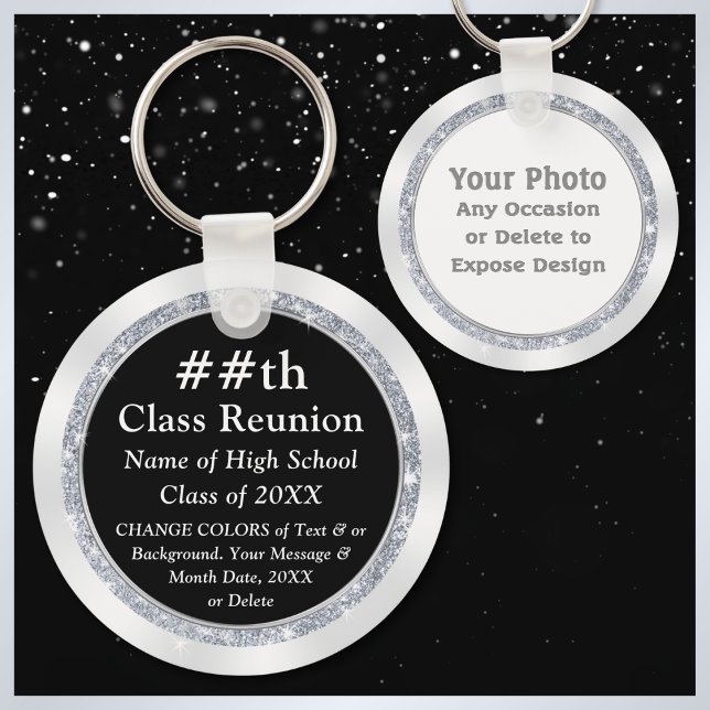 Chaveiro Preto e Branco, Ideias de Presente de Reunião de C (Personalized class reunion gifts. High school reunion keychains. Black, White, Silver, Reunion favor)