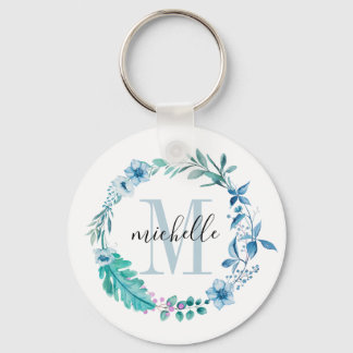 Chaveiro Primavera Azul de Monograma Floral Personalizável