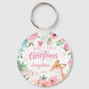 Chaveiro Primeiro Natal da Floresta Floral Rosa Baby
