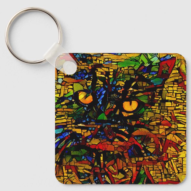 Chaveiro Prin de arte colorida de gatos do mosaico (Frente)
