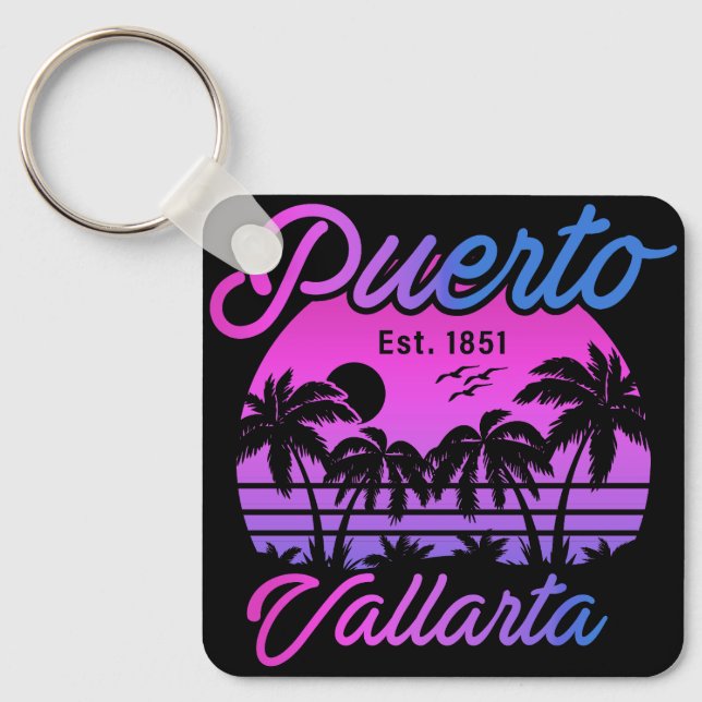 Chaveiro Puerto Vallarta Retro Sunset 80s Palm Trees (Frente)