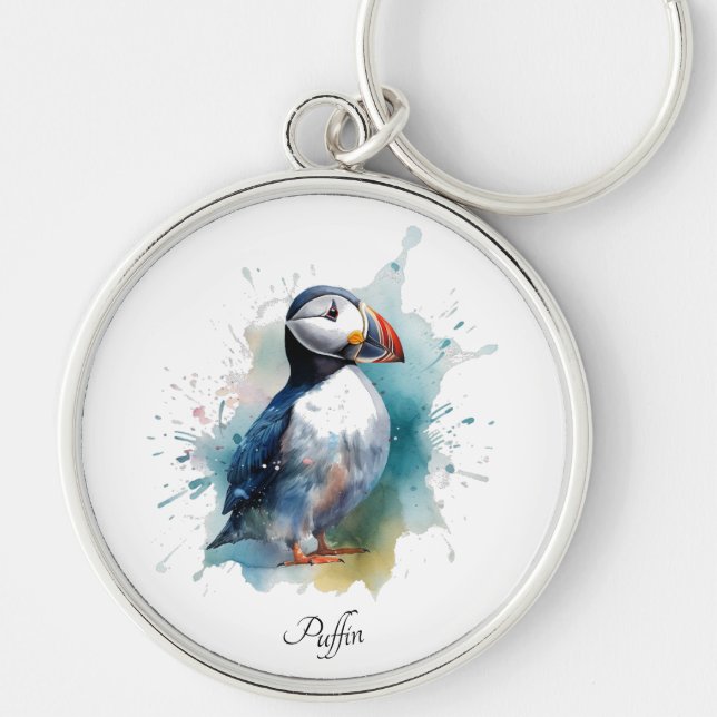 Chaveiro Puffin branco em cor azul-d'água, personalizável (Frente)