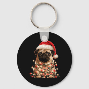 Chaveiro Pug Chapéu de Papai Noel Luzes de Natal Divertido