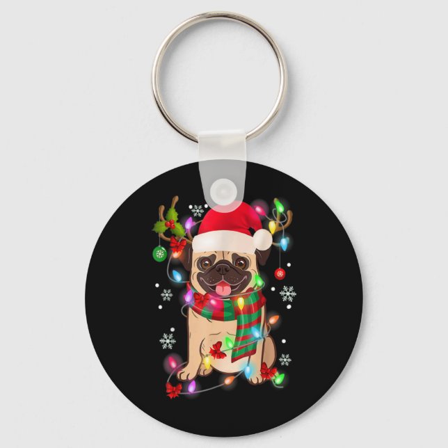 Chaveiro Pug Christmas Tree Lights Santa Dog Xmas Boys Pugm (Frente)