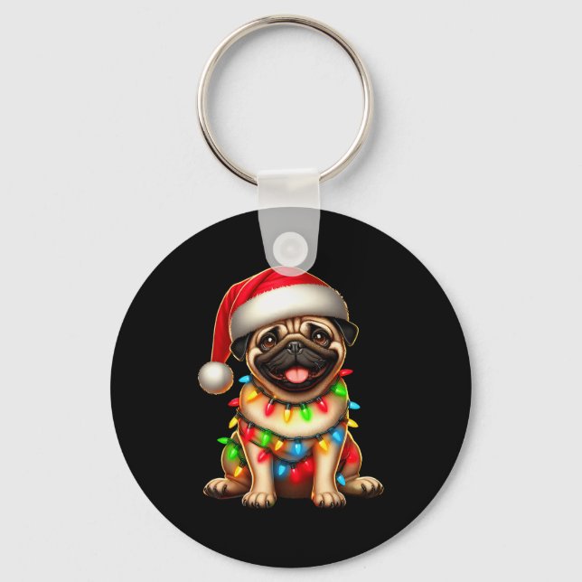Chaveiro Pug Dog Christmas Tree Lights Santa Xmas Pajama Do (Frente)