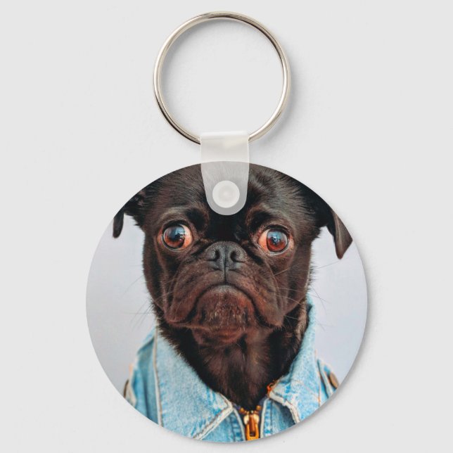Chaveiro Pug em Denim Jackey Cachorro Adorável (Frente)
