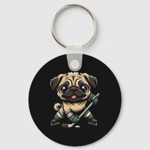 Chaveiro Pug Fofo Jogando Hóquei no Gelo Design Homens Mulh
