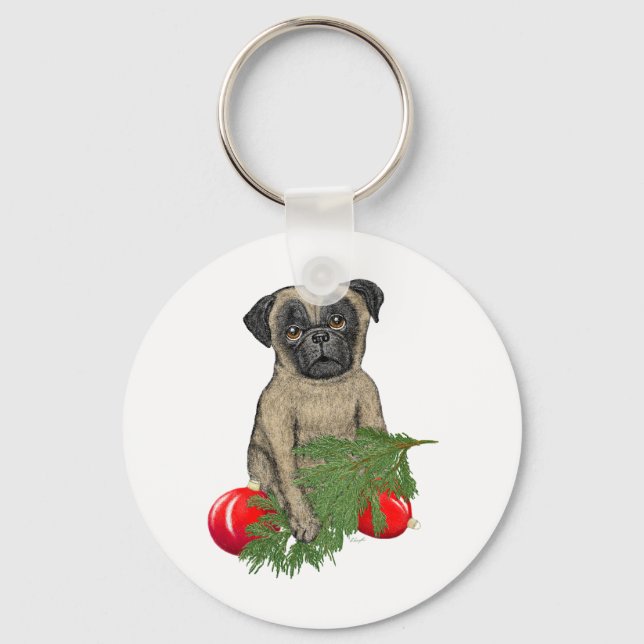 Chaveiro Pug Puppy Adorável Arte De Cão De Natal (Frente)