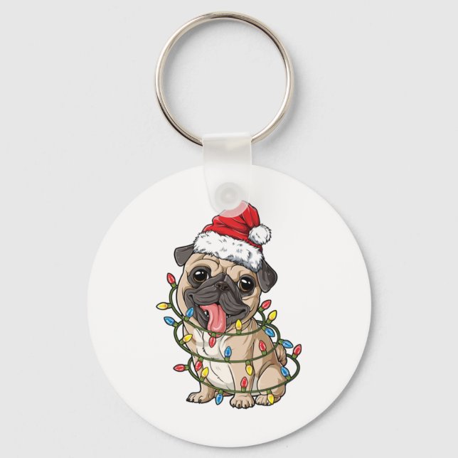 Chaveiro Pug Santa Christmas Tree Lights Xmas Boys Pugmas D (Frente)